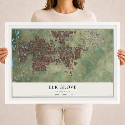 Map of Elk Grove, California, 18 x 24 inch print in a white wood frame