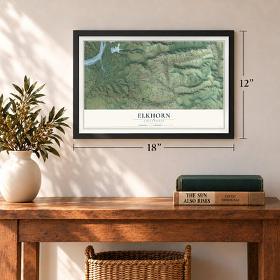 Elkhorn, California map, 12 x 18 inch print in a black frame in an entryway