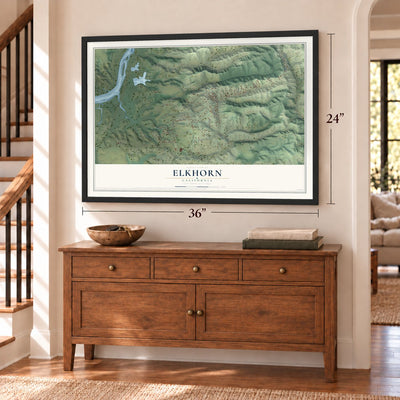 Elkhorn, California map, 24 x 36 inch print in a black frame above a dresser by a staircase