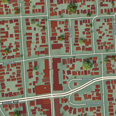 Close-up of the map of Elmwood, California print showing street and building detail