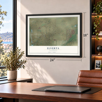 Elverta, California map, 18 x 24 inch print in a black frame in a home office