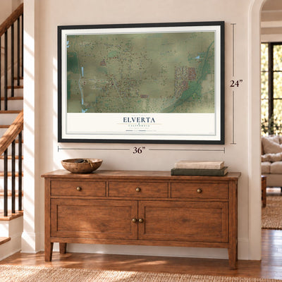 Elverta, California map, 24 x 36 inch print in a black frame above a dresser by a staircase