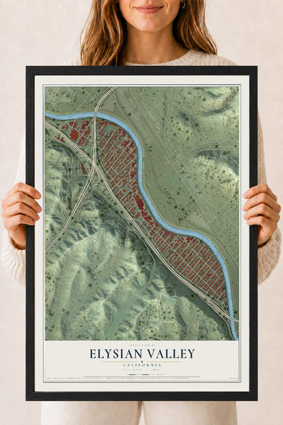 Map of Elysian Valley, California, 18 x 24 inch print in a black wood frame