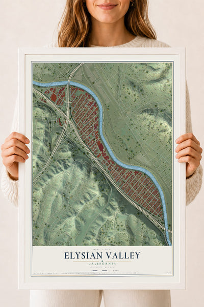 Map of Elysian Valley, California, 18 x 24 inch print in a white wood frame