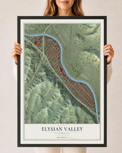 Map of Elysian Valley, California, 24 x 36 inch print in a black wood frame