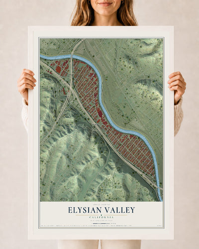 Map of Elysian Valley, California, 24 x 36 inch print in a white wood frame