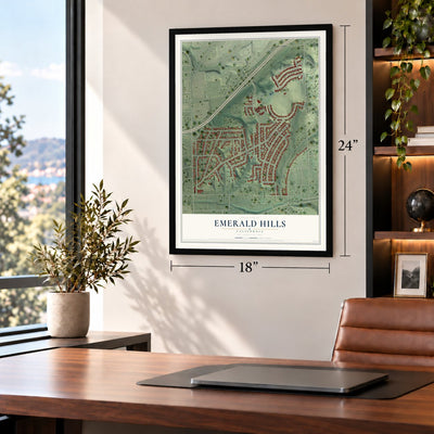 Emerald Hills, California map, 18 x 24 inch print in a black frame in a home office