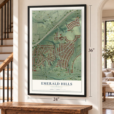 Emerald Hills, California map, 24 x 36 inch print in a black frame by a staircase