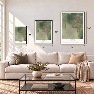 Empire, California map in 12 x 18, 18 x 24 and 24 x 36 inch sizes above a sofa