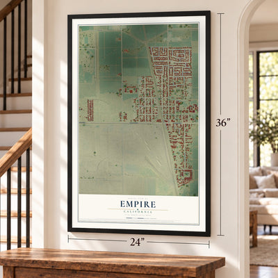 Empire, California map, 24 x 36 inch print in a black frame by a staircase