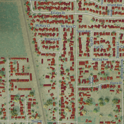 Close-up of the map of Empire, California print showing street and building detail