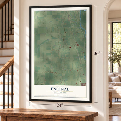 Encinal, California map, 24 x 36 inch print in a black frame by a staircase