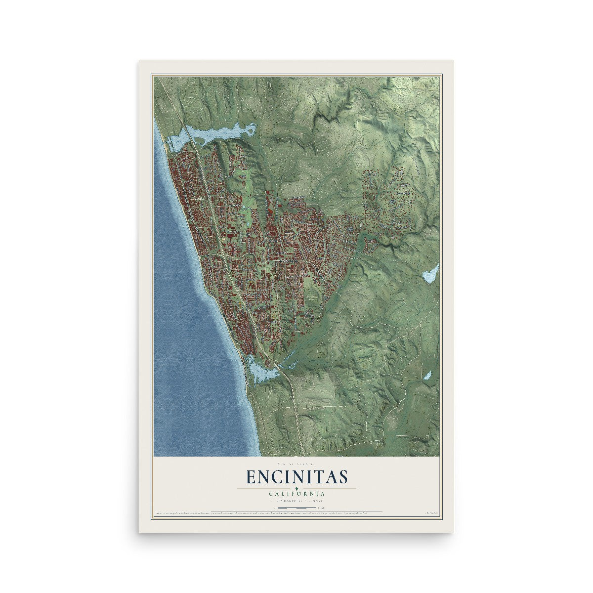 Map of Encinitas, California, 12 x 18 inch unframed archival matte print