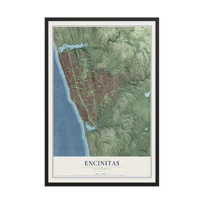 Map of Encinitas, California, 12 x 18 inch print in a black wood frame