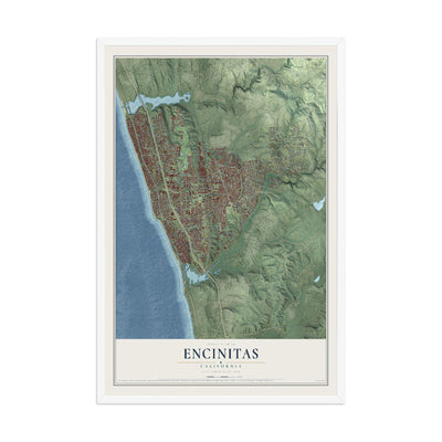 Map of Encinitas, California, 12 x 18 inch print in a white wood frame