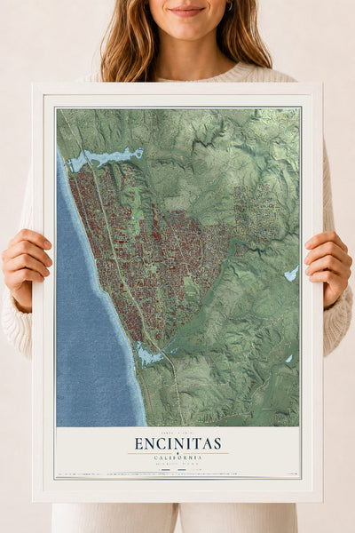 Map of Encinitas, California, 18 x 24 inch print in a white wood frame