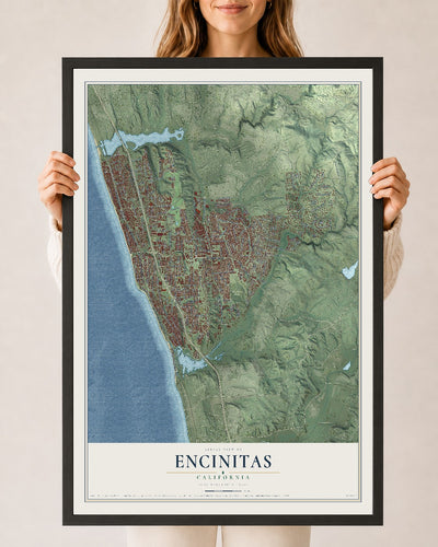 Map of Encinitas, California, 24 x 36 inch print in a black wood frame