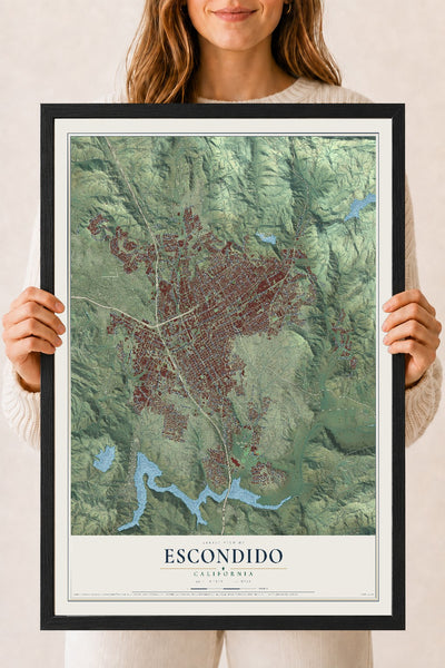 Map of Escondido, California, 18 x 24 inch print in a black wood frame
