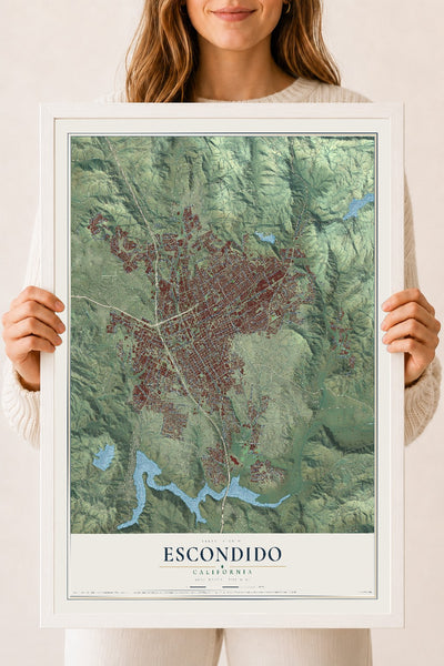 Map of Escondido, California, 18 x 24 inch print in a white wood frame