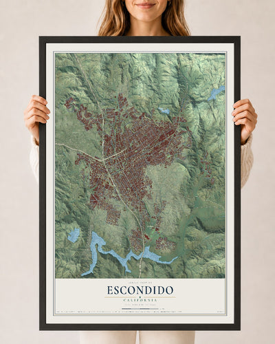 Map of Escondido, California, 24 x 36 inch print in a black wood frame