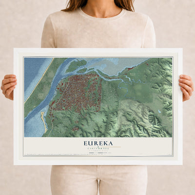 Map of Eureka, California, 12 x 18 inch print in a white wood frame