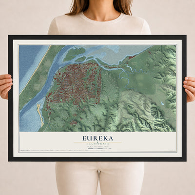 Map of Eureka, California, 18 x 24 inch print in a black wood frame