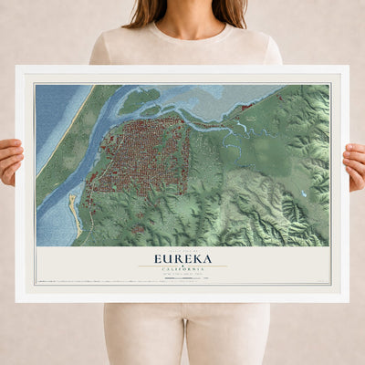 Map of Eureka, California, 18 x 24 inch print in a white wood frame
