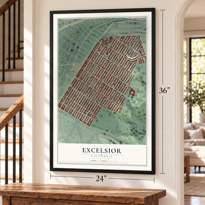 Excelsior, California map, 24 x 36 inch print in a black frame by a staircase
