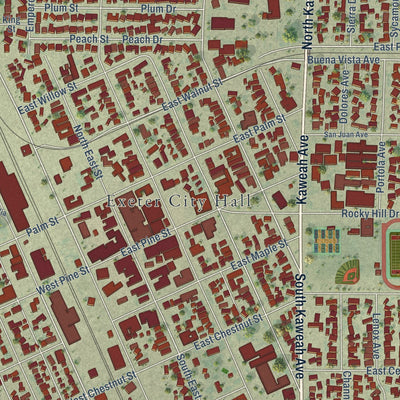 Close-up of the map of Exeter, California print showing street and building detail