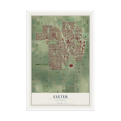 Map of Exeter, California, 12 x 18 inch print in a white wood frame