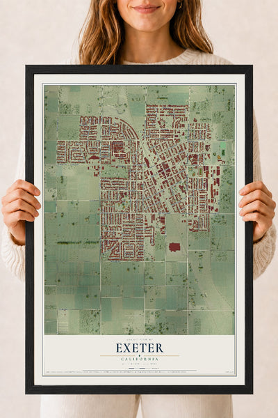 Map of Exeter, California, 18 x 24 inch print in a black wood frame