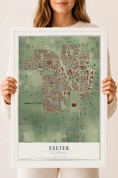 Map of Exeter, California, 18 x 24 inch print in a white wood frame