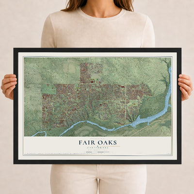 Map of Fair Oaks, California, 12 x 18 inch print in a black wood frame