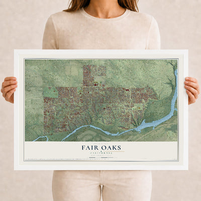 Map of Fair Oaks, California, 12 x 18 inch print in a white wood frame