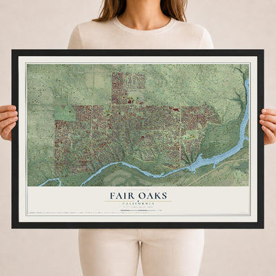Map of Fair Oaks, California, 18 x 24 inch print in a black wood frame
