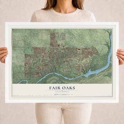 Map of Fair Oaks, California, 18 x 24 inch print in a white wood frame
