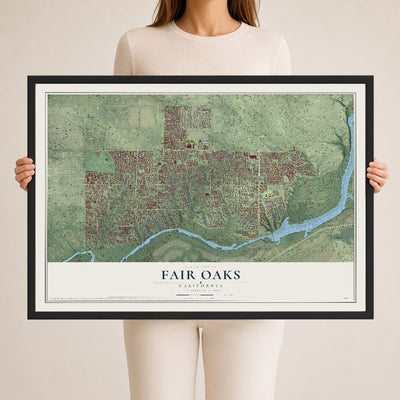 Map of Fair Oaks, California, 24 x 36 inch print in a black wood frame