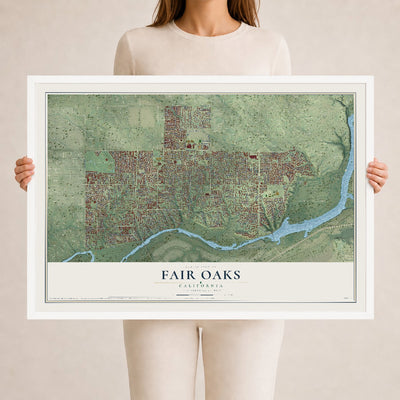 Map of Fair Oaks, California, 24 x 36 inch print in a white wood frame