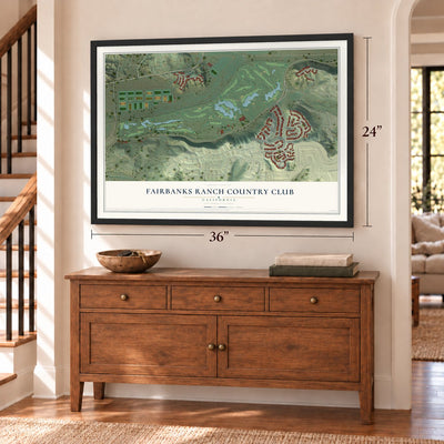 Fairbanks Ranch Country Club, California map, 24 x 36 inch print in a black frame above a dresser by a staircase