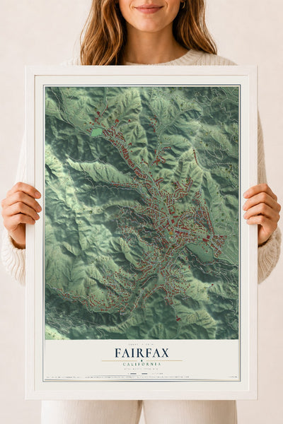 Map of Fairfax, California, 18 x 24 inch print in a white wood frame
