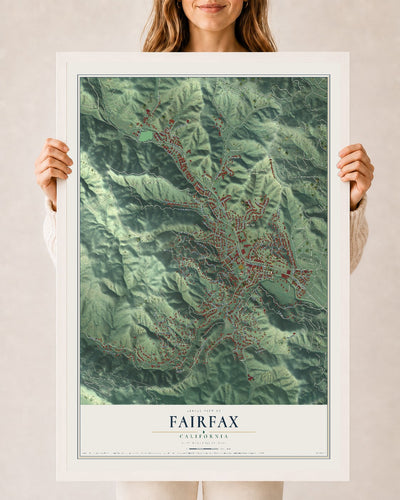 Map of Fairfax, California, 24 x 36 inch print in a white wood frame