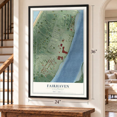 Fairhaven, California map, 24 x 36 inch print in a black frame by a staircase