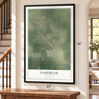 Fairmead, California map, 24 x 36 inch print in a black frame by a staircase
