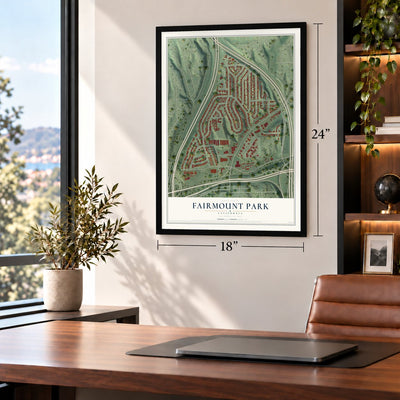 Fairmount Park, California map, 18 x 24 inch print in a black frame in a home office