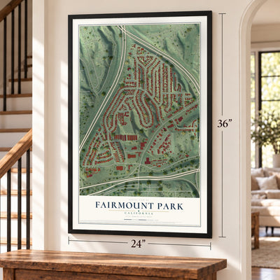 Fairmount Park, California map, 24 x 36 inch print in a black frame by a staircase