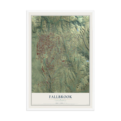 Map of Fallbrook, California, 12 x 18 inch print in a white wood frame