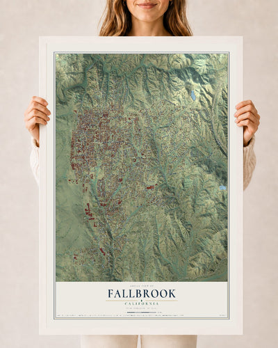 Map of Fallbrook, California, 24 x 36 inch print in a white wood frame