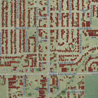 Close-up of the map of Farmersville, California print showing street and building detail