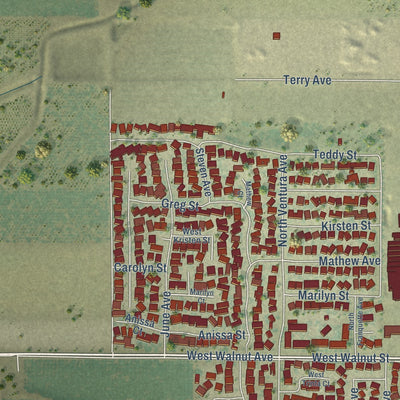Second close-up of the map of Farmersville, California print showing more streets and buildings