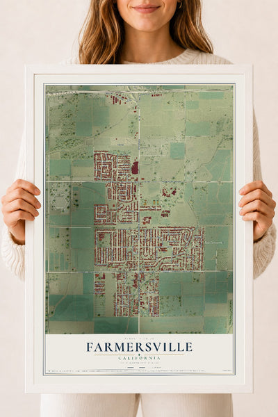 Map of Farmersville, California, 18 x 24 inch print in a white wood frame
